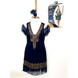 SPIRIT SWANKY FLAPPER GOLD BLACK DRESS & SEQUIN FEATHR HEADBND HALLOWEEN COSTUME